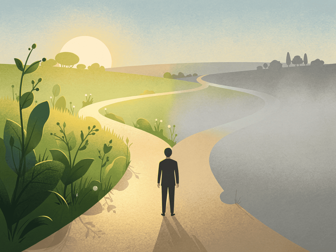 Grafische Illustration einer Weggabelung: Ein Pfad führt in eine helle, grüne Landschaft mit wachsenden Formen und goldenem Licht – der andere verschwindet in grauem Nebel. Symbolbild für politische Richtungsentscheidungen in Europa.