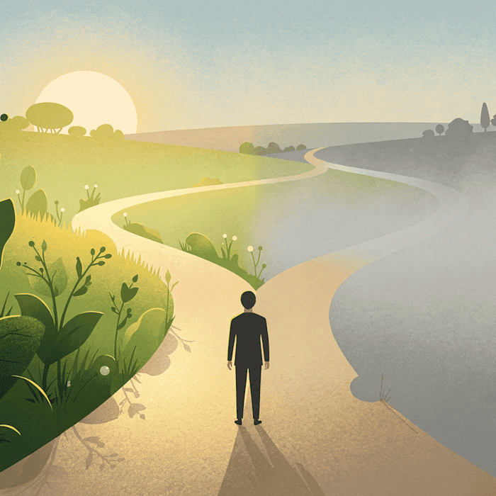 Grafische Illustration einer Weggabelung: Ein Pfad führt in eine helle, grüne Landschaft mit wachsenden Formen und goldenem Licht – der andere verschwindet in grauem Nebel. Symbolbild für politische Richtungsentscheidungen in Europa.