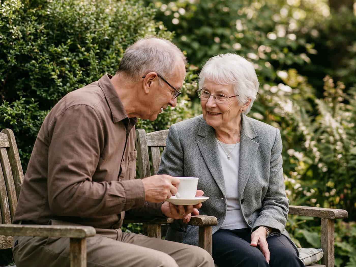 Älteres Paar sitzt auf einer Holzbank im Garten, hält Kaffeetassen in den Händen und führt ein entspanntes Gespräch – Symbol für soziale Begegnung im Alter.