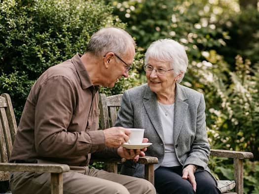 Älteres Paar sitzt auf einer Holzbank im Garten, hält Kaffeetassen in den Händen und führt ein entspanntes Gespräch – Symbol für soziale Begegnung im Alter.