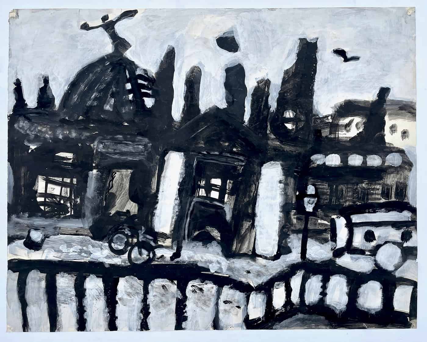 Ein expressives Gemälde der Dresdner Kunstakademie (Zitronenpresse) in Blau- und Schwarz-Weißtönen, gemalt mit Deckfarben auf Papier.