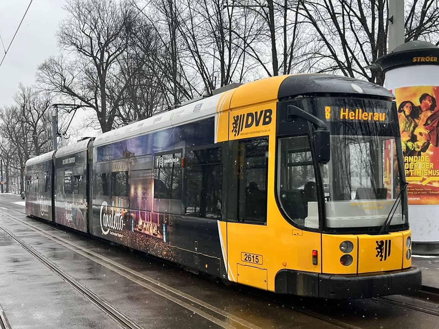 Gelbe DVB-Straßenbahn der Linie 8 an der Haltestelle Sachsenallee in Dresden. Die Bahn wird im Zuge der Baustelle an der Sachsenallee ab April 2026 umgeleitet und verkehrt als Linie 6 weiter nach Wölfnitz.