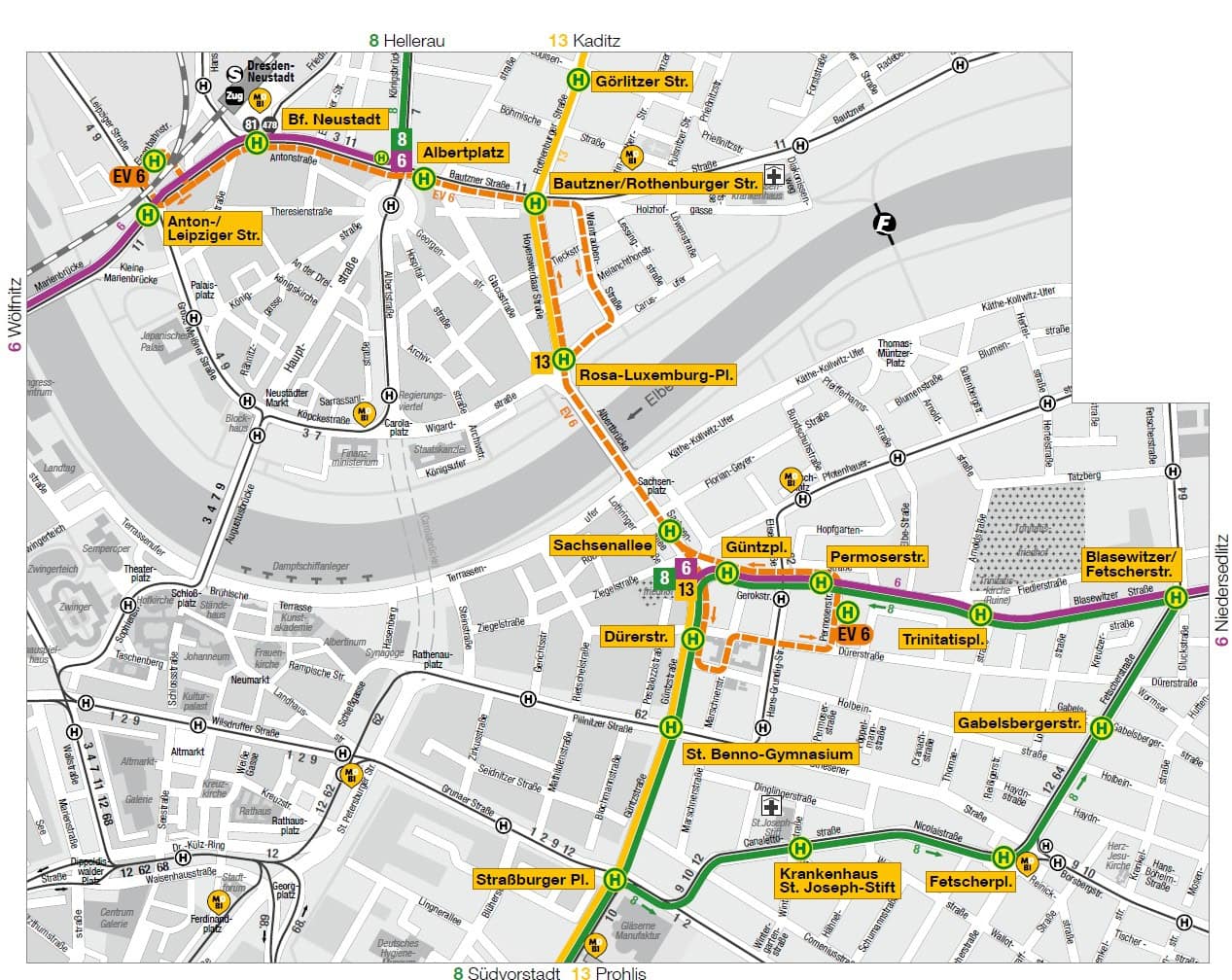 Übersichtskarte DVB-Umleitungen Linien 6, 8, 13 und EV 6 – Sachsenallee und Umgebung, Dresden Stadtplan Dresden mit eingezeichneten Umleitungsstrecken der Straßenbahnlinien 6 (pink/magenta), 8 (grün) und 13 (orange/gelb) sowie der Ersatzlinie EV 6 (orange gestrichelt). Dargestellt ist das Gebiet zwischen Bahnhof Neustadt im Norden, Fetscherplatz im Osten, Straßburger Platz im Süden und Theaterplatz im Westen. Wichtige Haltestellen sind u. a. Albertplatz, Sachsenallee, Güntzplatz, Trinitatisplatz und Blasewitzer/Fetscherstraße.