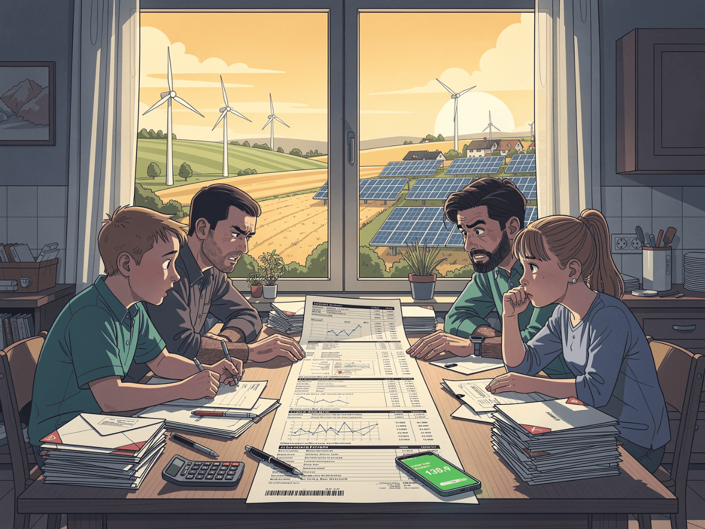 Mehrere Personen sitzen am Tisch und ärgern sich über den Strompreis