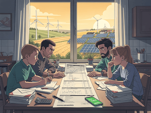 Mehrere Personen sitzen am Tisch und ärgern sich über den Strompreis