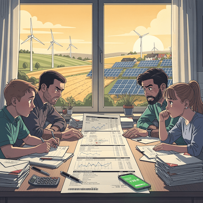 Mehrere Personen sitzen am Tisch und ärgern sich über den Strompreis