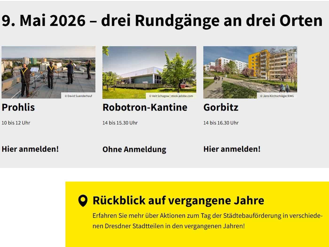 Infografik zum Tag der Städtebauförderung am 9. Mai 2026 in Dresden. Gezeigt werden drei Kacheln mit Fotos: Musiker auf einem Dach in Prohlis, die robotron-Kantine und sanierte Wohnbauten in Gorbitz, jeweils mit Uhrzeiten und Anmeldehinweisen.