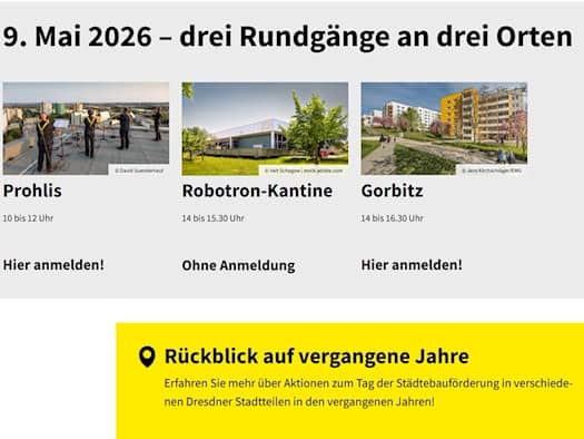 Infografik zum Tag der Städtebauförderung am 9. Mai 2026 in Dresden. Gezeigt werden drei Kacheln mit Fotos: Musiker auf einem Dach in Prohlis, die robotron-Kantine und sanierte Wohnbauten in Gorbitz, jeweils mit Uhrzeiten und Anmeldehinweisen.