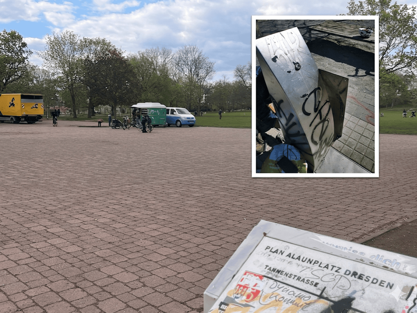 Collage vom Dresdner Alaunplatz: Das Hauptbild zeigt den weiten, gepflasterten Platz mit Parkbesuchern im Hintergrund. Ein eingeblendetes Detailbild zeigt einen metallenen Trinkwasserbrunnen, der großflächig mit schwarzen Graffiti-Tags beschmiert ist.