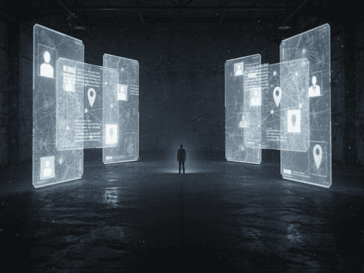 Silhouette einer einzelnen Person, umgeben von leuchtenden blauen Datenströmen und Verbindungslinien auf schwarzem Hintergrund. Das Bild symbolisiert digitale Überwachung und den Verlust informationeller Selbstbestimmung.