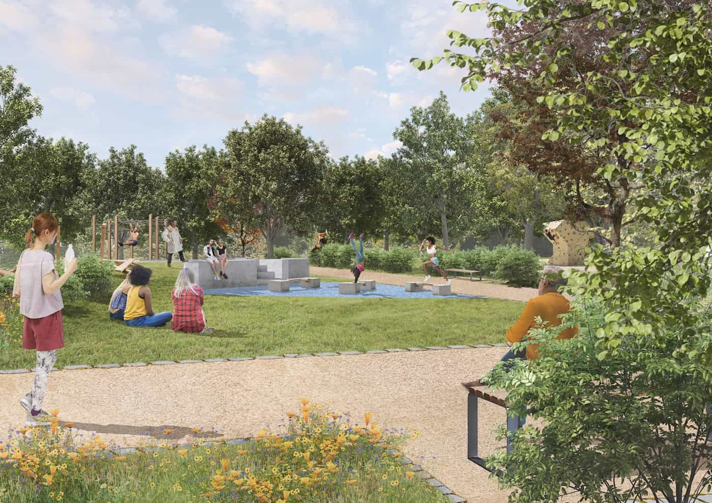 Digitale Visualisierung der neuen Freizeitanlage in Johannstadt. Man sieht Menschen beim Sport auf einer Parcoursfläche, beim Picknick auf der Wiese und beim Entspannen auf modernen Holzbänken unter Bäumen.