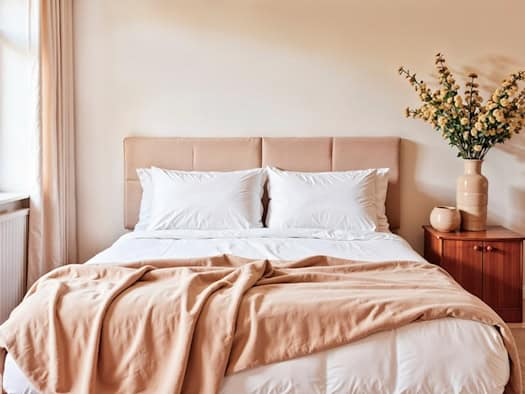 Beiges Bett mit gepolstertem Kopfteil und Nachttisch in hellem Schlafzimmer