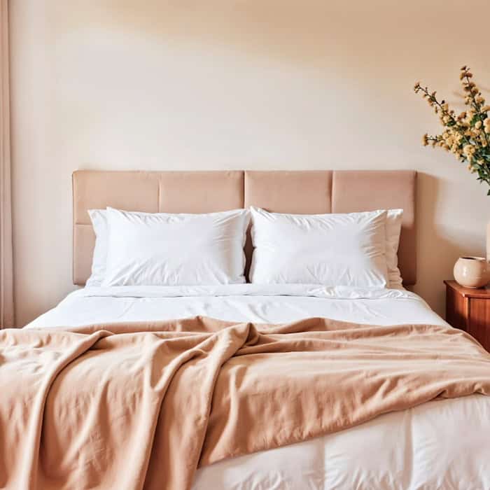 Beiges Bett mit gepolstertem Kopfteil und Nachttisch in hellem Schlafzimmer