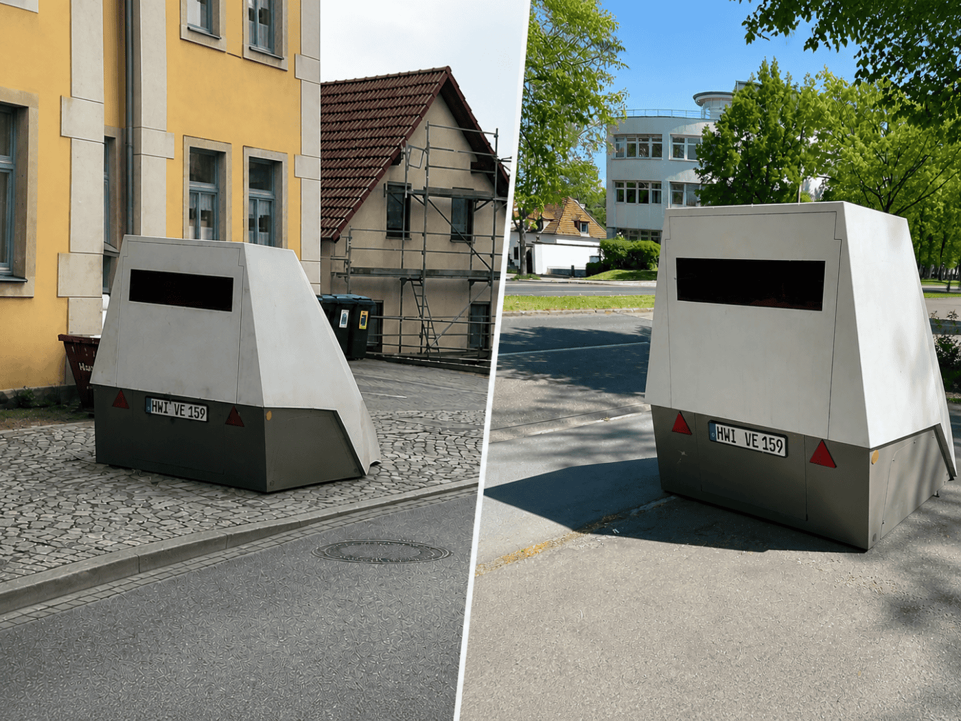 Geteiltes Bild eines grauen Enforcement Trailers (Blitzer-Anhänger) HWI-VE-159 in Dresden: Die linke Seite zeigt das Gerät auf der Pillnitzer Landstraße (Niederpoyritz), die rechte Seite am Zelleschen Weg nahe der Technischen Universität.