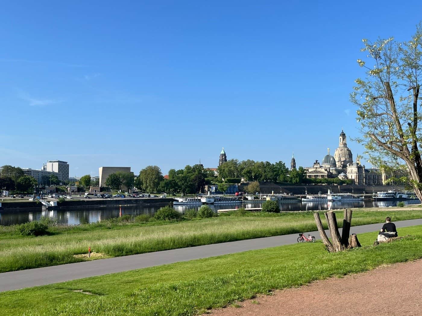 Blick über die grünen Elbwiesen und die Elbe auf die historische Silhouette der Dresdner Altstadt mit der Frauenkirche und der Kunstakademie unter wolkenlosem blauem Himmel.