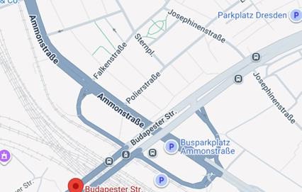 Kartenausschnitt der Dresdner Innenstadt. Die Budapester Straße verläuft diagonal durch das Bild und kreuzt die Ammonstraße. Weitere sichtbare Straßen sind die Josephinenstraße, Falkenstraße und Polierstraße.