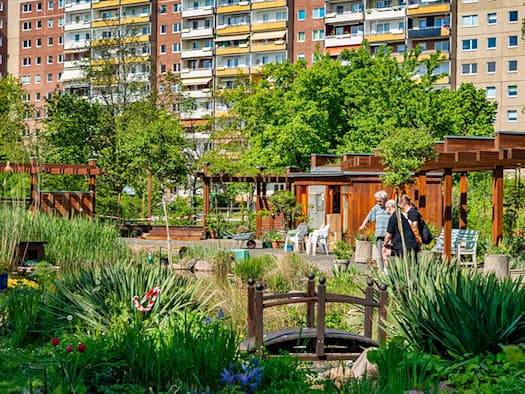 Grüne Oase mitten im Plattenbau: Im Kolonnadengarten treffen sich Nachbarn zum Gärtnern und zu kulturellen Veranstaltungen.