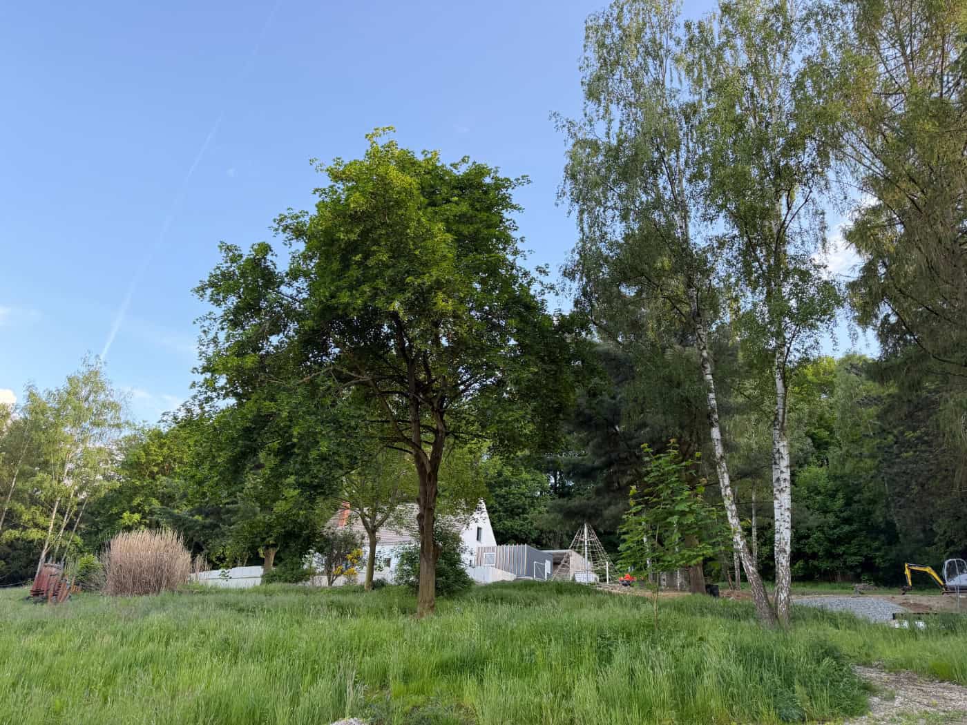 Foto: Grüne Bäume und Wiese im Vordergrund. Im Hintergrund sieht man bei blauen Himmel ein Haus, ein Spielplatz und einen kleinen Bagger.