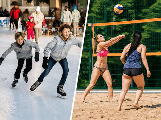 Ein zweigeteiltes Bild. Links: Zwei Kinder laufen Schlittschuh auf einer Eisbahn im Freien; sie tragen Winterkleidung und lächeln. Rechts: Zwei Frauen spielen Beachvolleyball auf einem Sandplatz vor einem hohen Netz; im Hintergrund sind grüne Bäume zu sehen.