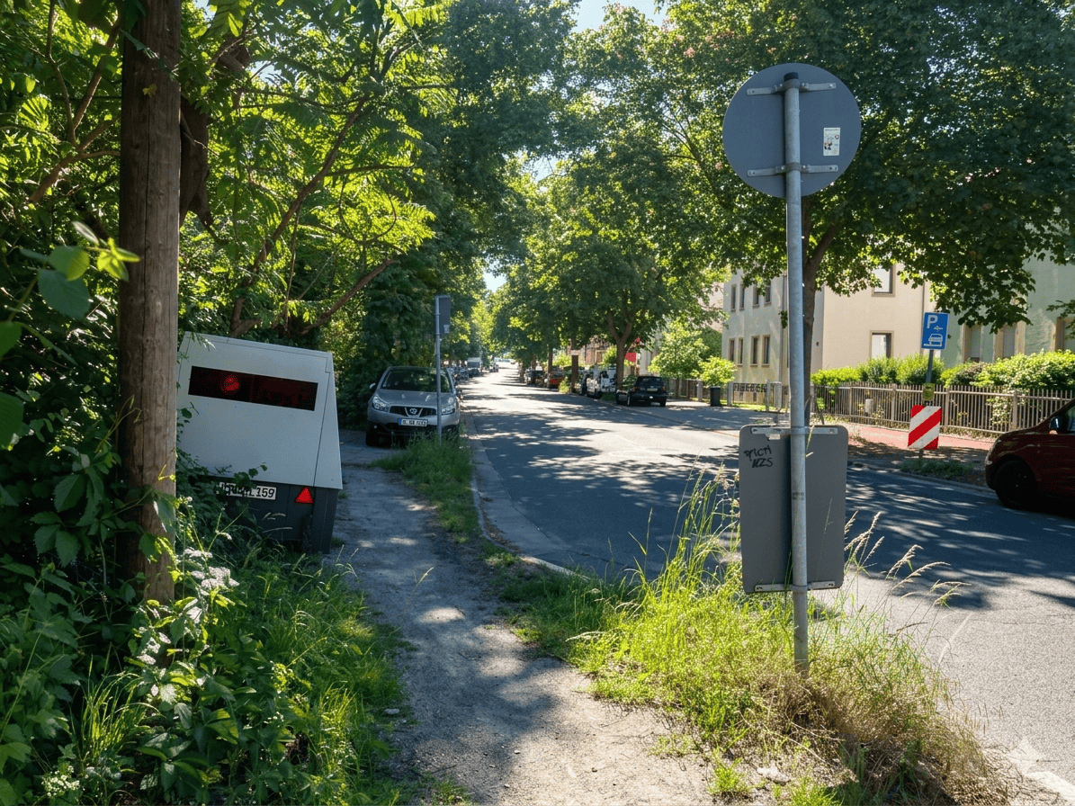 Detailaufnahme des Superblitzers „HWI-VE 159“ Nahaufnahme des Enforcement-Trailers „HWI-VE 159“, der an der Boderitzer Straße auf Tempo-Verstöße wartet.