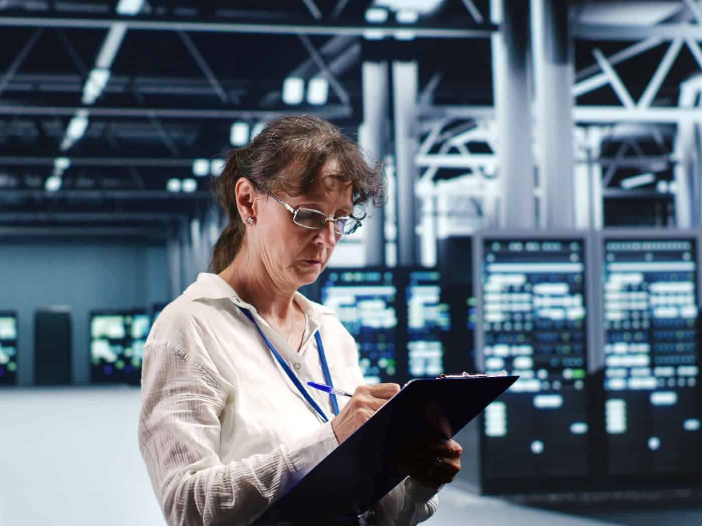 Eine Frau mit Brille und weißer Bluse steht in einem modernen Serverraum und macht sich Notizen auf einem Klemmbrett. Im Hintergrund sind Reihen von beleuchteten Server-Racks mit blauen Anzeigen zu sehen.