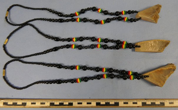 Beschlagnahmter Wildtierschmuck – Hauptzollamt Dresden Artenschutz. Eine silberne Halskette mit einem markanten, organischen Anhänger aus einem tierischen Material, das auf einem dunklen Untergrund für die Beweissicherung des Zolls fotografiert wurde.