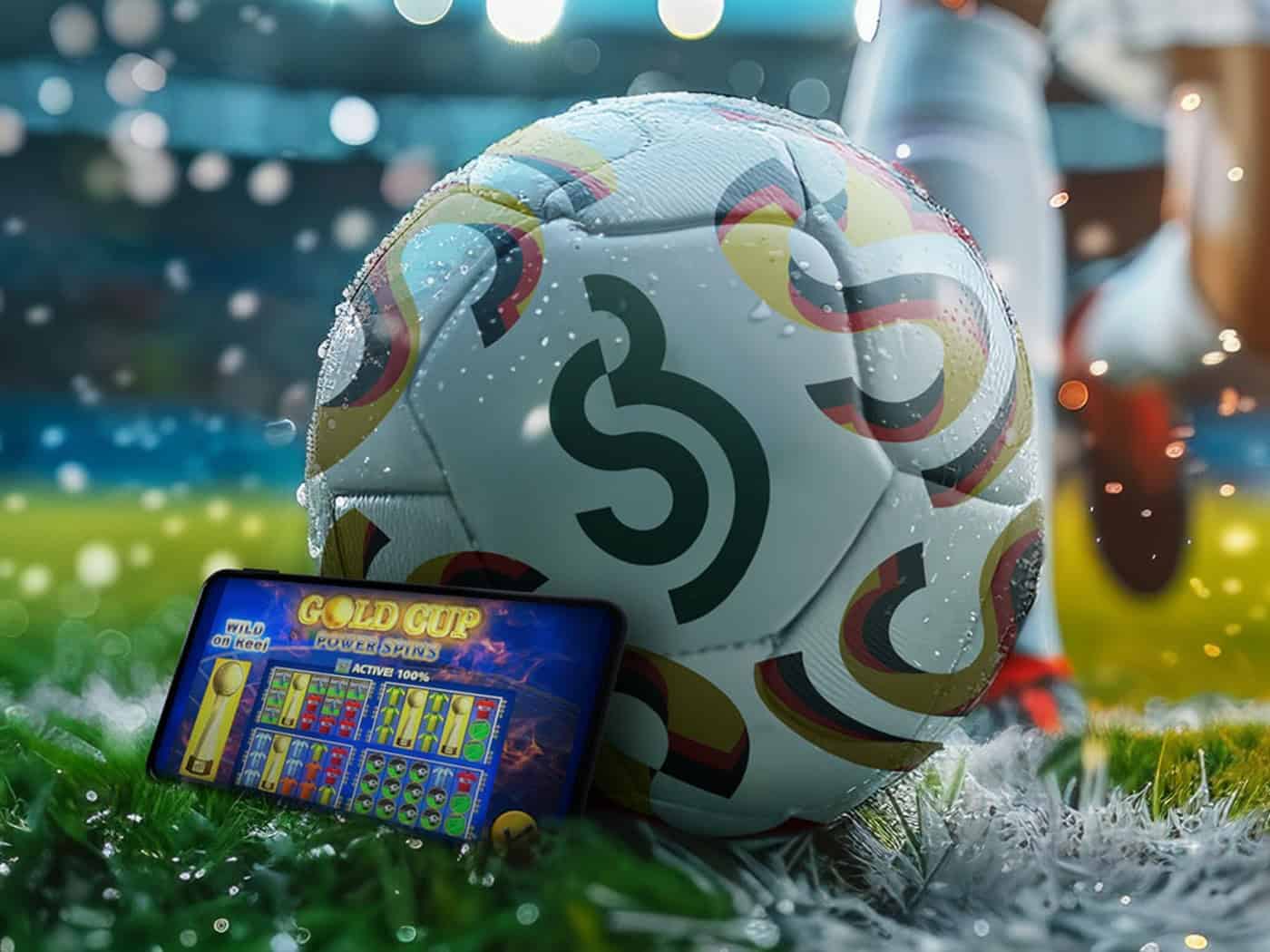 Freispiele zur Fußball-WM 2026: Fußball mit DIE SPIELBANK-Logo und Smartphone mit Gold Cup Power Spins Slot