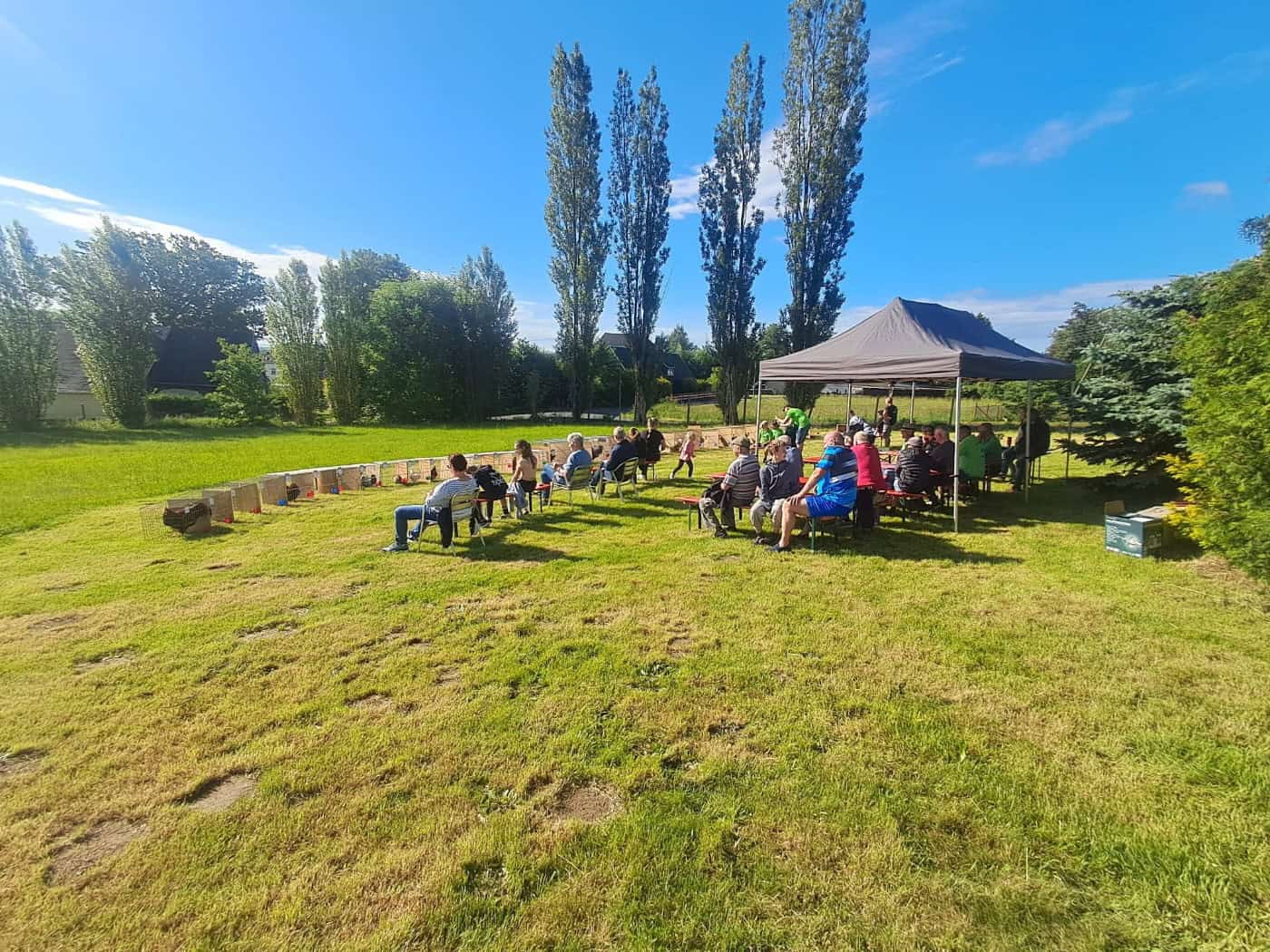 Foto: Auf einer Wiese bei blauen Himmel und umsäumt von grünen Bäumen sitzen auf Bierbänken und Stühlen aufgereiht knapp zwei Dutzend Menschen. Vor ihnen in einer Reihe stehen Käfige mit Hähnen darin.