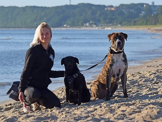 Foto: eine junge Frau mit blonden Haaren und sportlicher Kleidung hockt am Sandstrand mit zwei Hunden. Im Hintergrund sieht man Wasser und eine grüne Landschaft mit Häusern.