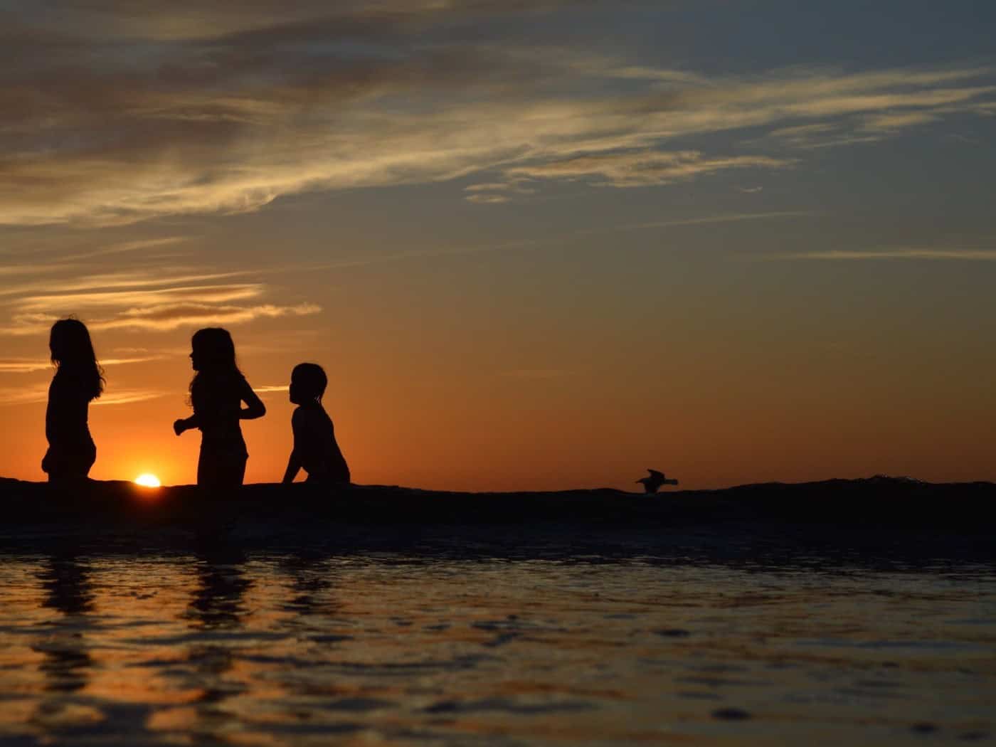 Silhouetten von drei spielenden Kindern am Wasser vor einem goldenen Sonnenuntergang am Abendhimmel. Am Horizont fliegt eine kleine Möwe. Ein stimmungsvolles Symbolbild für Ferien und Freizeit.