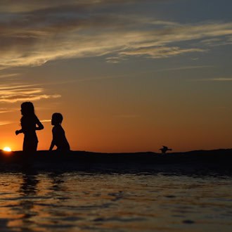 Silhouetten von drei spielenden Kindern am Wasser vor einem goldenen Sonnenuntergang am Abendhimmel. Am Horizont fliegt eine kleine Möwe. Ein stimmungsvolles Symbolbild für Ferien und Freizeit.