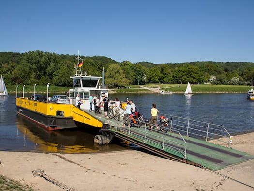 Eine gelb-schwarze Autofähre liegt am sandigen Elbufer. Fahrgäste mit Fahrrädern steigen aus. Auf dem Fluss sind Segelboote vor bewaldeten Hügeln zu sehen.