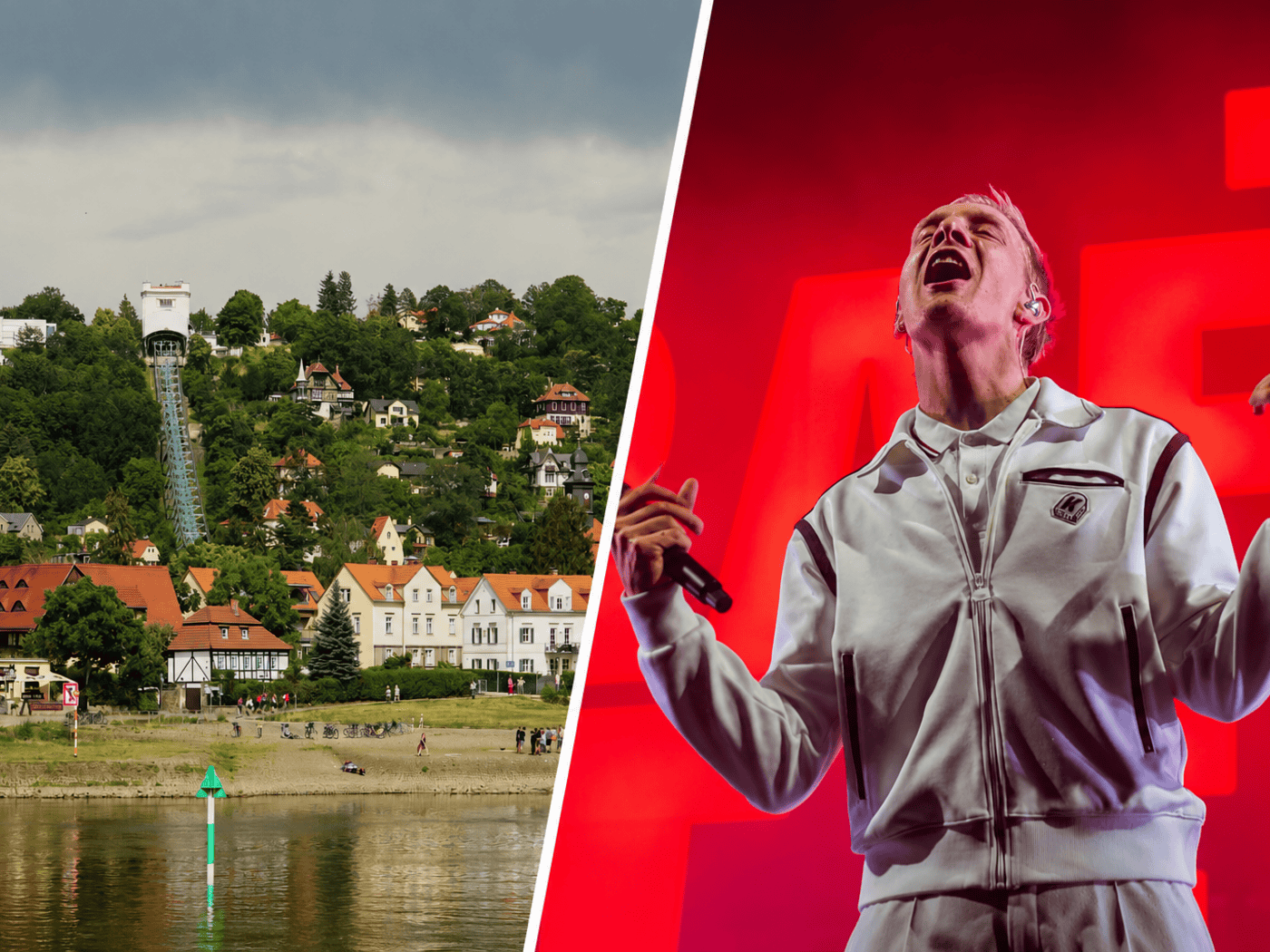 Zweigeteiltes Bild: Links der grüne Dresdner Elbhang mit der Schwebebahn und Häusern am Fluss, rechts ein Sänger in weißer Trainingsjacke vor einem intensiv roten Konzert-Hintergrund.