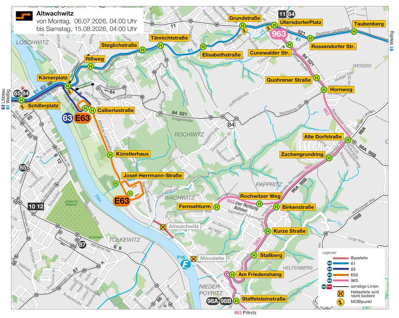 Grafik eines detaillierten DVB-Liniennetzplans für Dresden-Wachwitz und Pillnitz. Farbige Linien zeigen die Routen der Busse 61, 63, E63 und 963 sowie die gesperrte Baustelle auf der Pillnitzer Landstraße.