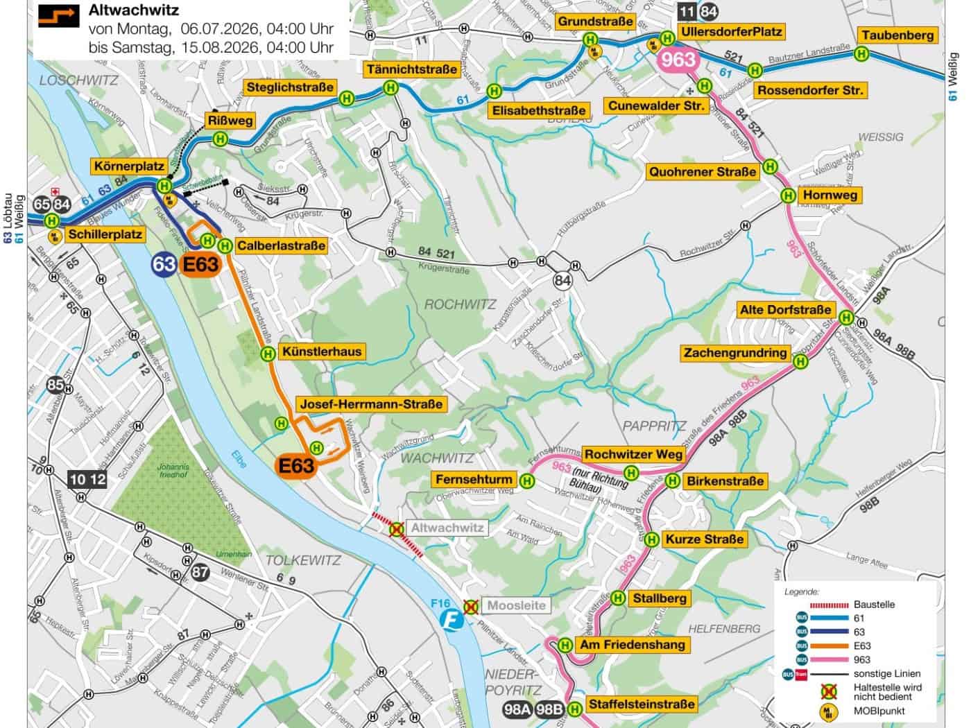 Grafik eines detaillierten DVB-Liniennetzplans für Dresden-Wachwitz und Pillnitz. Farbige Linien zeigen die Routen der Busse 61, 63, E63 und 963 sowie die gesperrte Baustelle auf der Pillnitzer Landstraße.