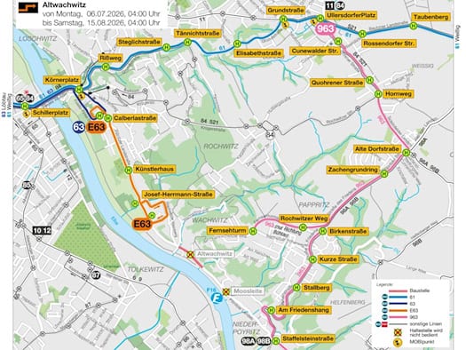 Grafik eines detaillierten DVB-Liniennetzplans für Dresden-Wachwitz und Pillnitz. Farbige Linien zeigen die Routen der Busse 61, 63, E63 und 963 sowie die gesperrte Baustelle auf der Pillnitzer Landstraße.