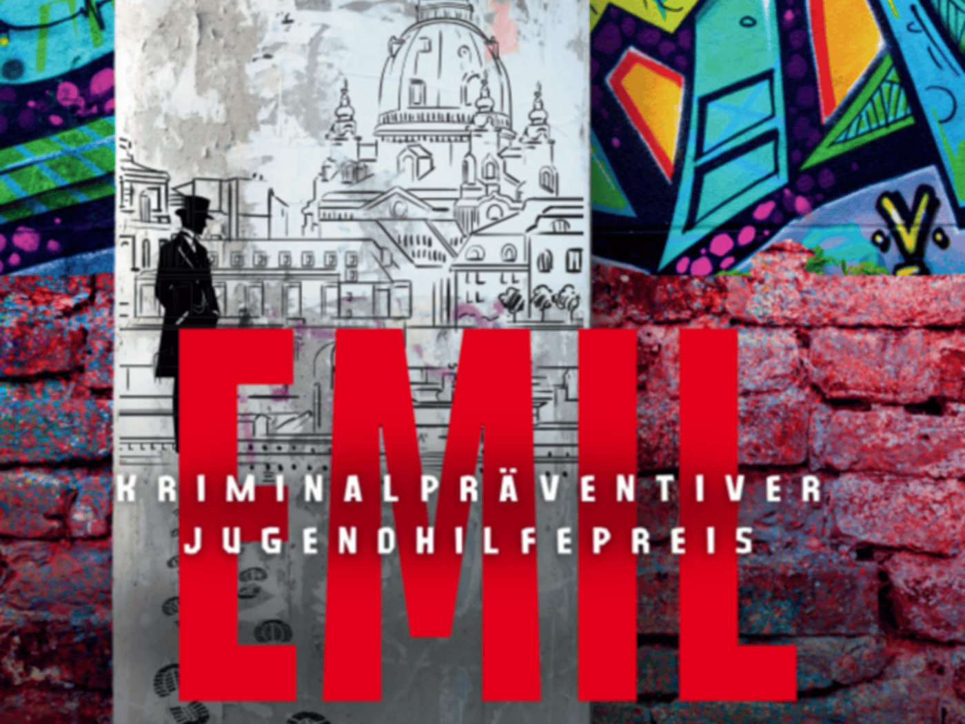 Plakat mit großem roten Text „EMIL KRIMINALPRÄVENTIVER JUGENDHILFEPREIS“ über einer skizzierten Litfaßsäule. Hintergrund zeigt bunte Graffitis und Ziegel. Unten Logos der Sparkassenstiftung und Stadt Dresden.
