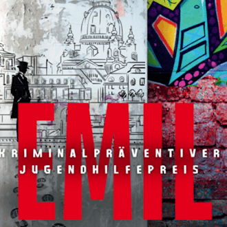 Plakat mit großem roten Text „EMIL KRIMINALPRÄVENTIVER JUGENDHILFEPREIS“ über einer skizzierten Litfaßsäule. Hintergrund zeigt bunte Graffitis und Ziegel. Unten Logos der Sparkassenstiftung und Stadt Dresden.