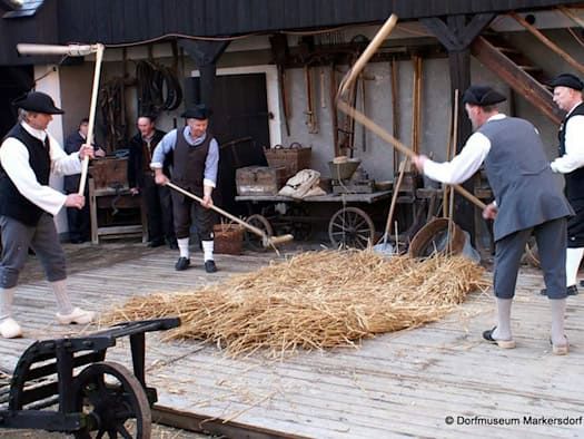 Foto: Auf einem Holzboden liegt Stroh, auf das vier Männer in historischer Kleidung mit Dreschflegeln schlagen. Im Hintergrund hängen an der Hauswand traditionelle hölzerne Werkzeuge.