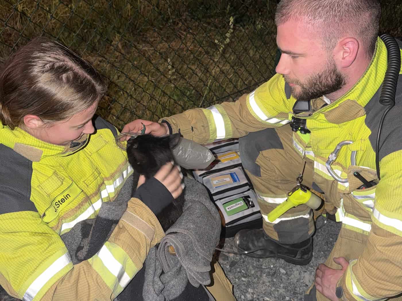 Zwei Einsatzkräfte der Feuerwehr Dresden knien am Boden und versorgen eine aus einem brennenden Wohnhaus gerettete schwarze Katze mit einer Sauerstoffmaske.