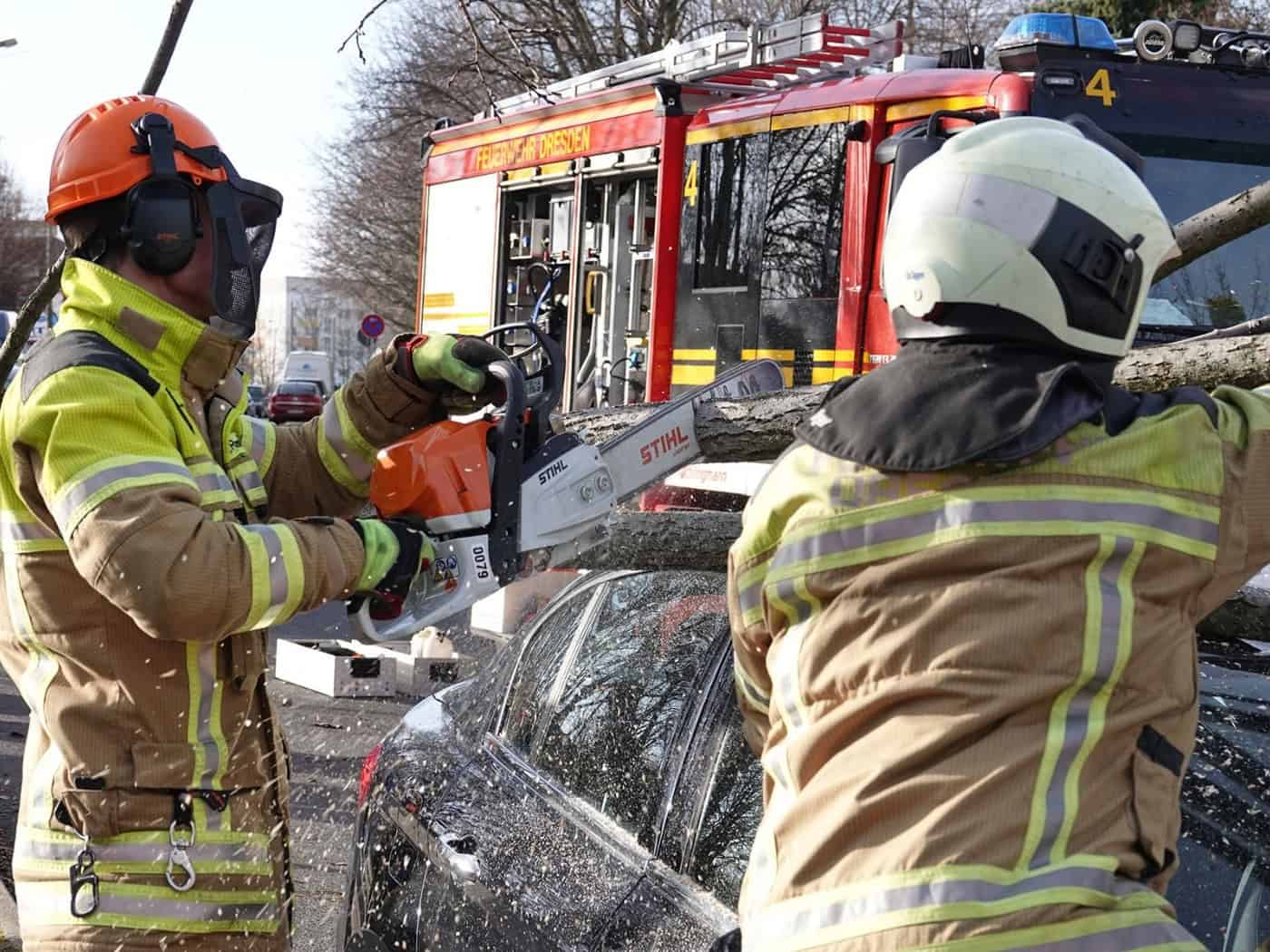 Zwei Feuerwehrleute in Schutzkleidung zersägen mit einer Motorsäge einen dicken Baumstamm, der auf einem schwarzen Auto liegt. Im Hintergrund steht ein rotes Löschfahrzeug der Feuerwehr Dresden.