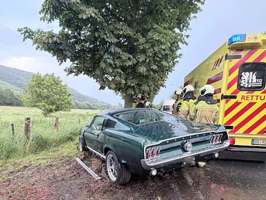 Die Heck- und Seitenansicht eines dunkelgrünen Ford Mustang Oldtimers, der auf dem unbefestigten, schlammigen Randstreifen direkt vor einem großen, belaubten Laubbaum steht. Rechts neben dem Unfallwagen parkt ein gelb-roter Rettungswagen der Feuerwehr Dresden mit eingeschaltetem Blaulicht.