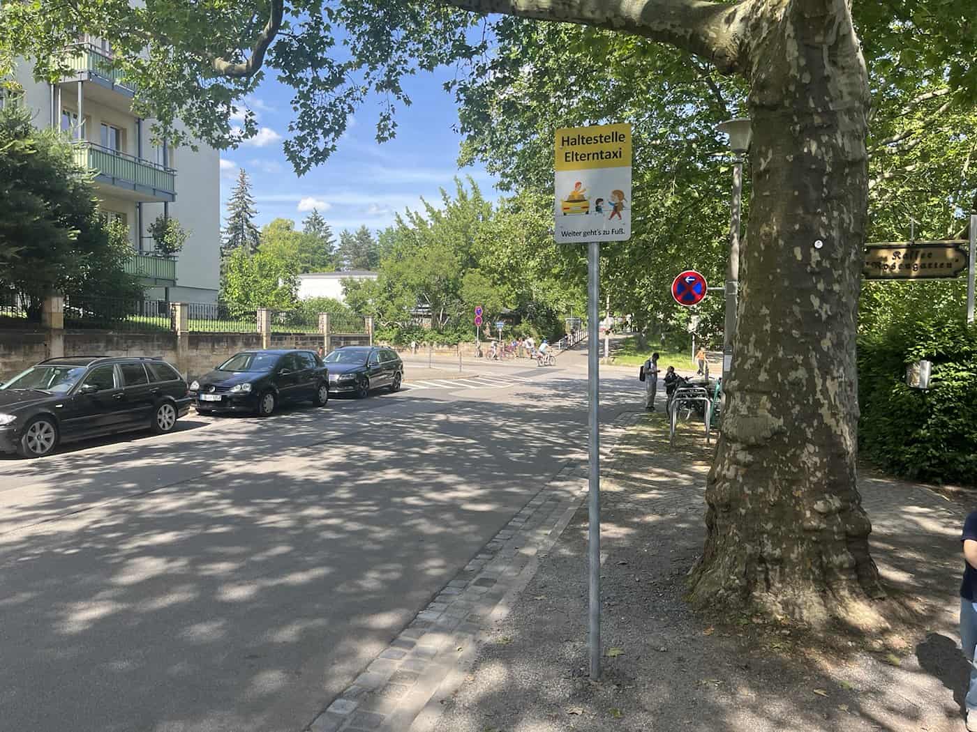 Ein gelb-weißes Schild mit der Aufschrift „Haltestelle Elterntaxi – Weiter geht’s zu Fuß“ steht neben einer großen Platane an einer Straße mit parkenden Autos.