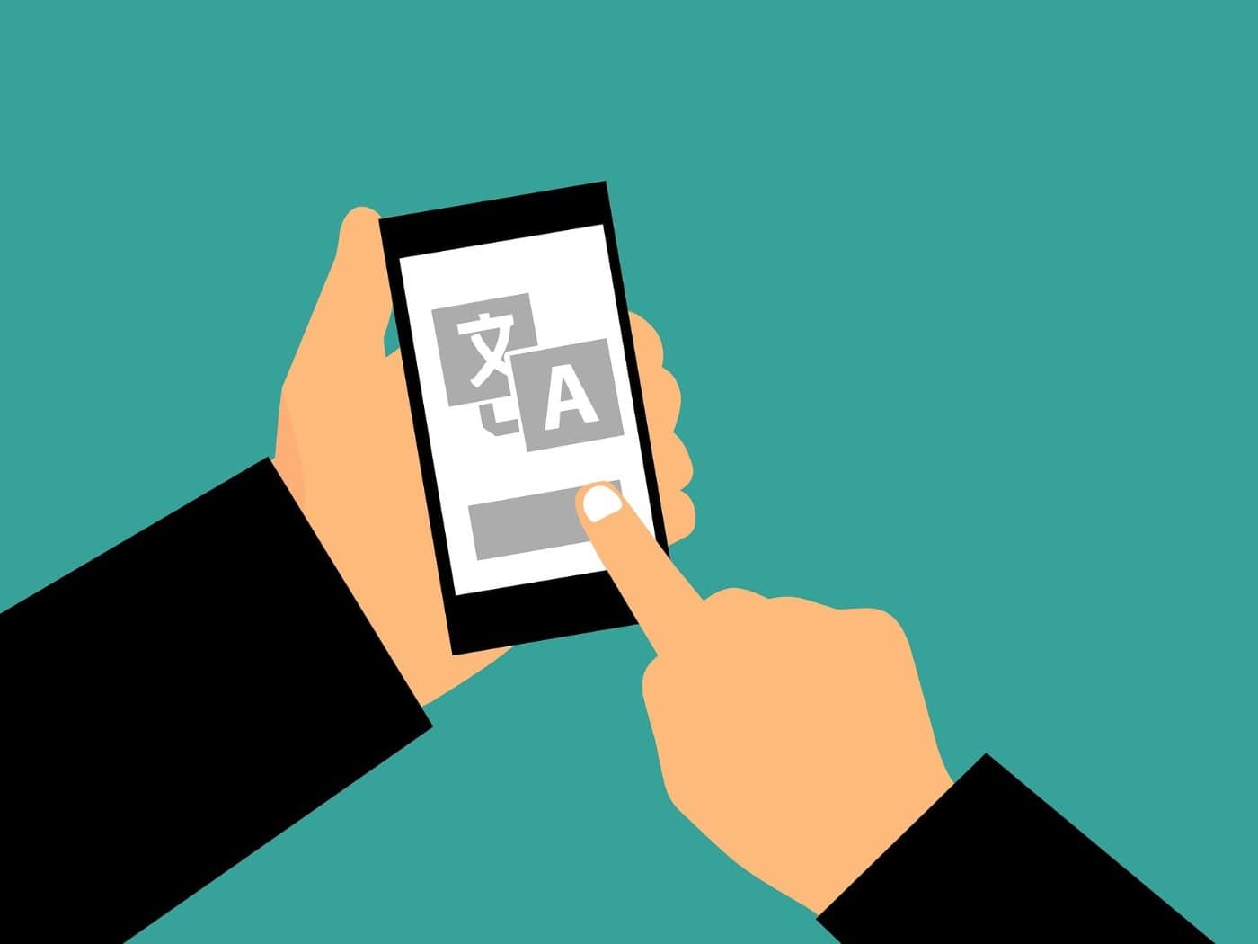 Hand hält ein Smartphone mit einer Übersetzungs-App, die chinesische und lateinische Zeichen anzeigt.