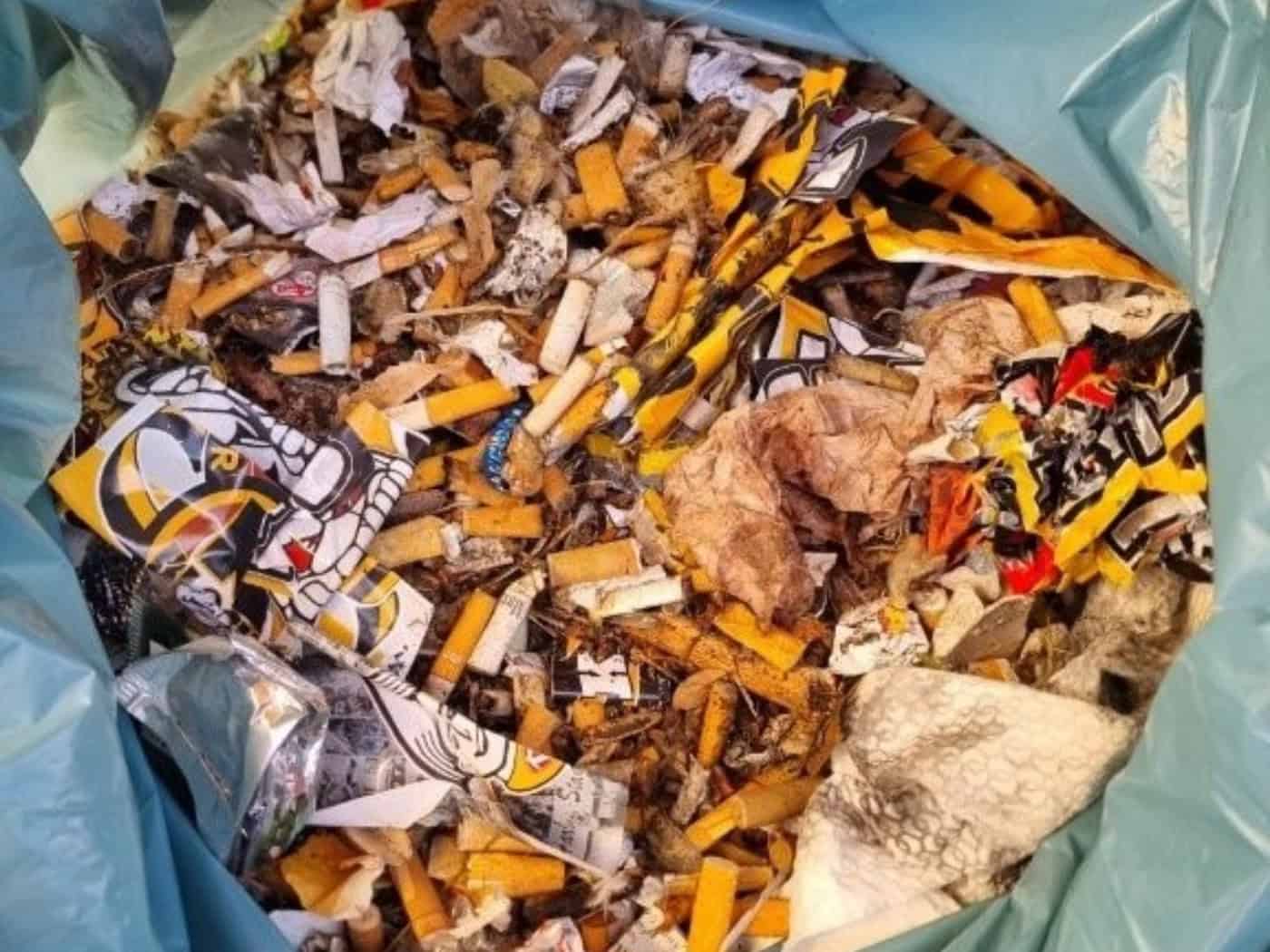 Foto: Blick in eine blaue Plastik-Mülltüte. Darin finden sich sehr viele Zigarettenstummel und anderer Müll.