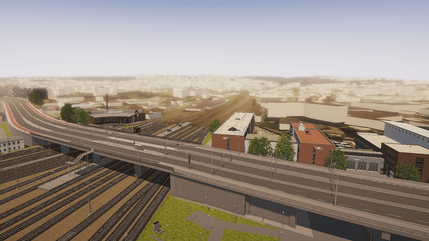 Eine digitale 3D-Visualisierung der zukünftigen Nossener Brücke in Dresden aus der Vogelperspektive. Das breite Betonbauwerk überspannt ein weitläufiges Areal aus Bahngleisen, flankiert von umliegenden Gebäuden unter einem hellen Himmel.