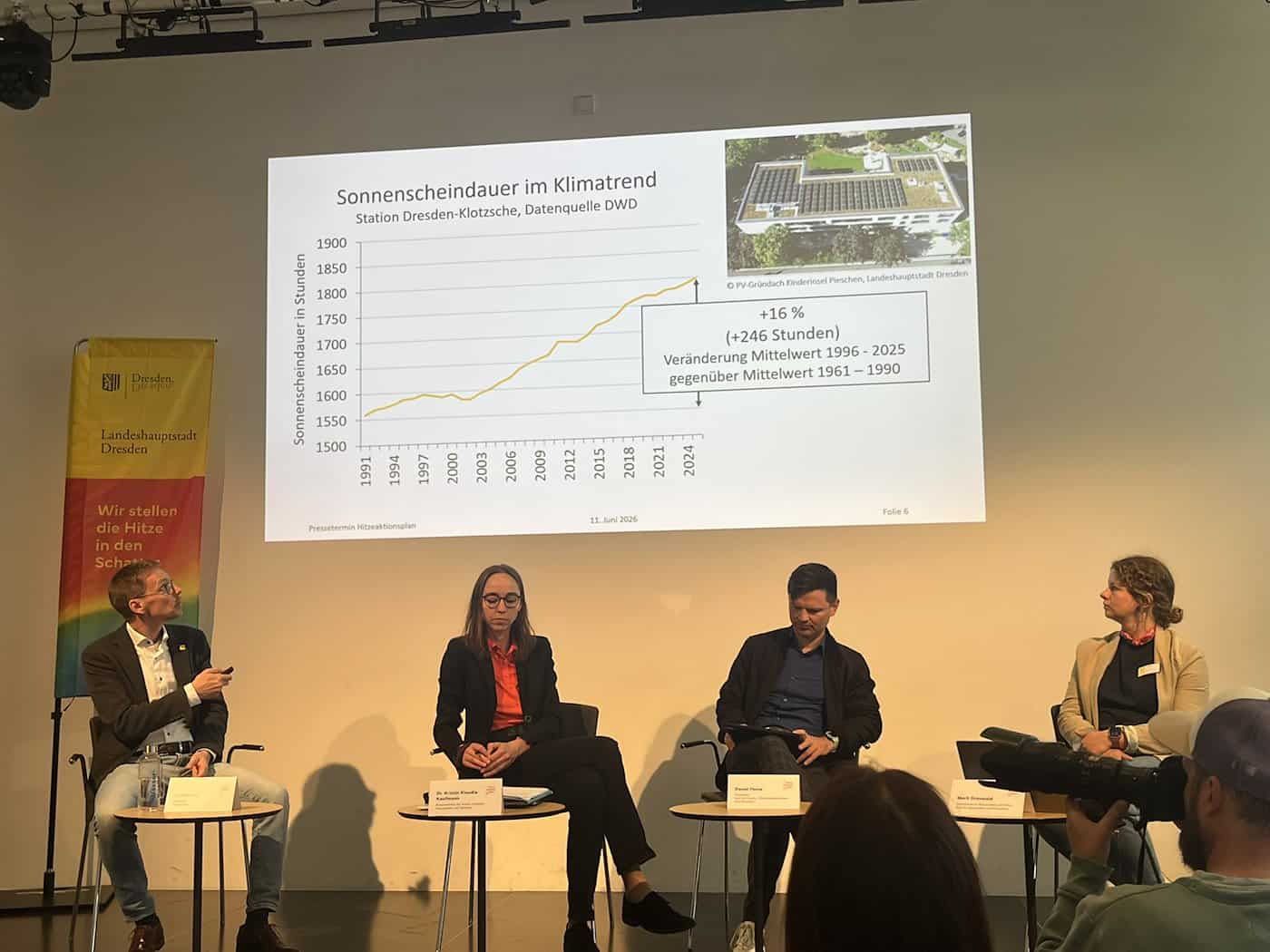 Blick auf eine Podiumsdiskussion mit vier Personen, die von links nach rechts auf der Bühne sitzen: René Herold (mit Blick zur Leinwand), Dr. Kristin Klaudia Kaufmann, Daniel Heine und Marit Gronwald. Im Hintergrund projiziert ein Beamer eine Klimatrend-Grafik des Deutschen Wetterdienstes zum Anstieg der Sonnenstunden in Dresden-Klotzsche auf eine große weiße Wand. Links flankiert ein gelb-rotes Informationsbanner der Landeshauptstadt das Geschehen.