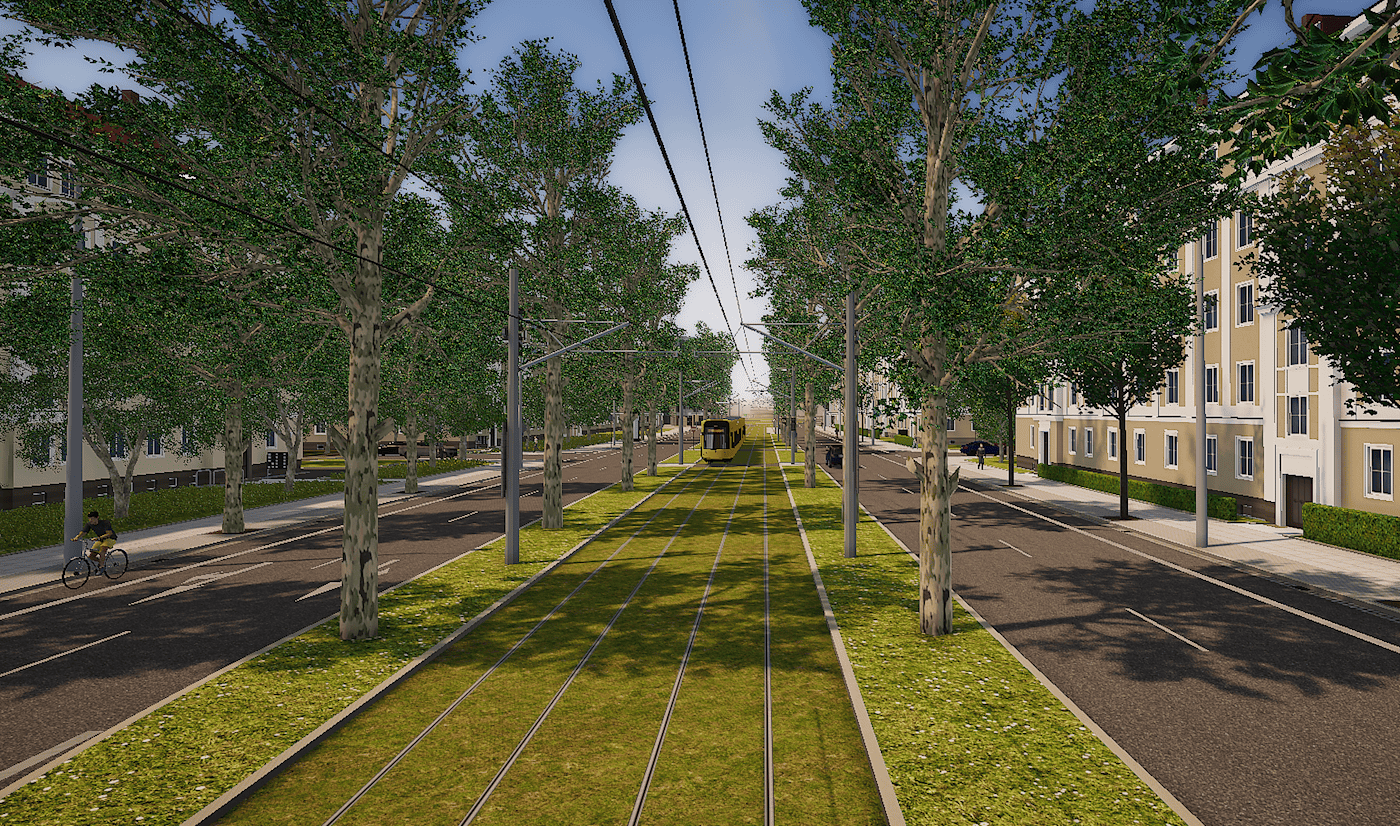 Eine digitale 3D-Visualisierung der neu gestalteten Nürnberger Straße in Dresden. In der Mitte fährt eine gelb-schwarze Straßenbahn auf einem saftig grünen Rasengleis. Flankiert wird die Trasse von frisch gepflanzten Baumreihen, modernen Fußgängerüberwegen und asphaltierten Fahrspuren bei Sonnenschein.