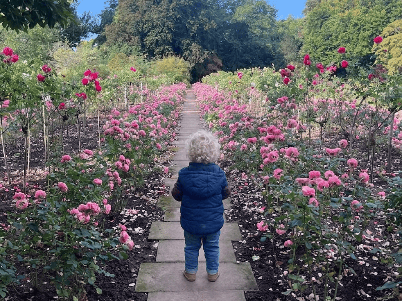 ie Rückansicht eines kleinen Kindes mit blonden Locken, das in einer blauen Weste und Jeans auf einem geraden Steinplattenweg steht. Der Pfad führt mitten durch ein langes, dicht bewachsenes Beet mit zahlreichen rosa blühenden Rosensträuchern.