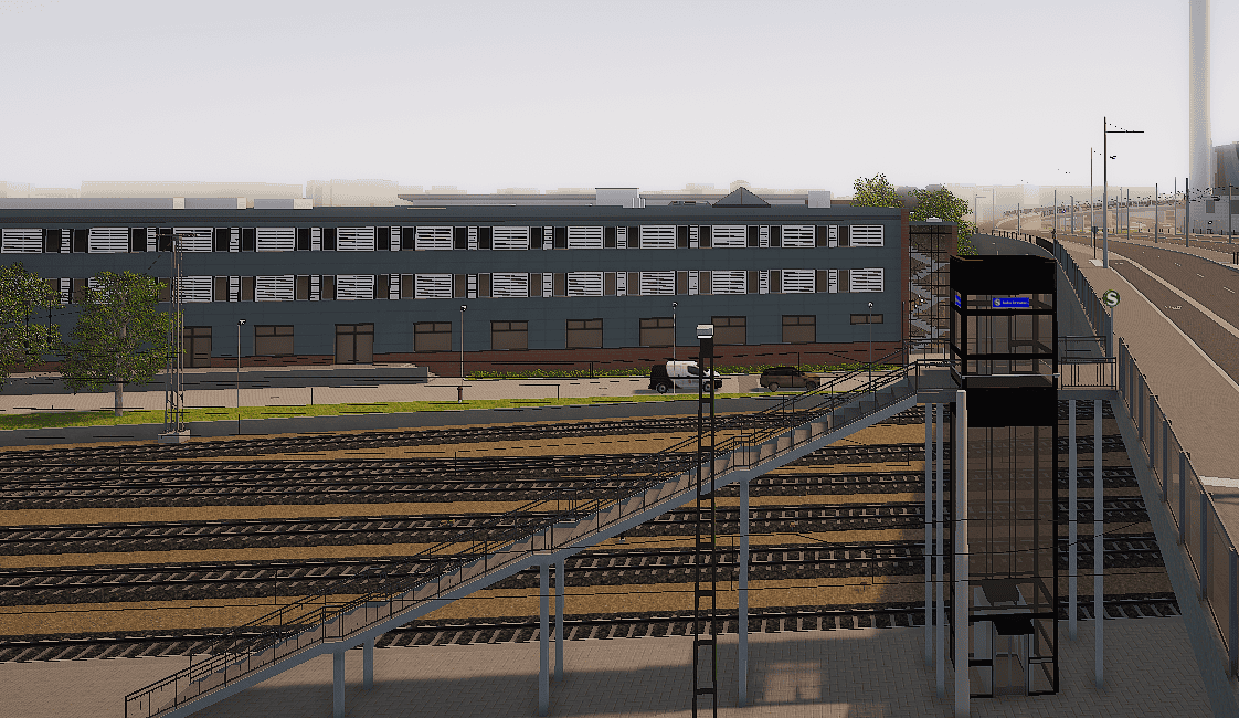 Eine 3D-Modellierung einer Fußgängerbrücke, die von der oberen Straßenebene der Nossener Brücke über lange Treppen und einen verglasten Aufzugsturm mit einem grünen S-Bahn-Logo nach unten zu den Eisenbahngleisen führt.